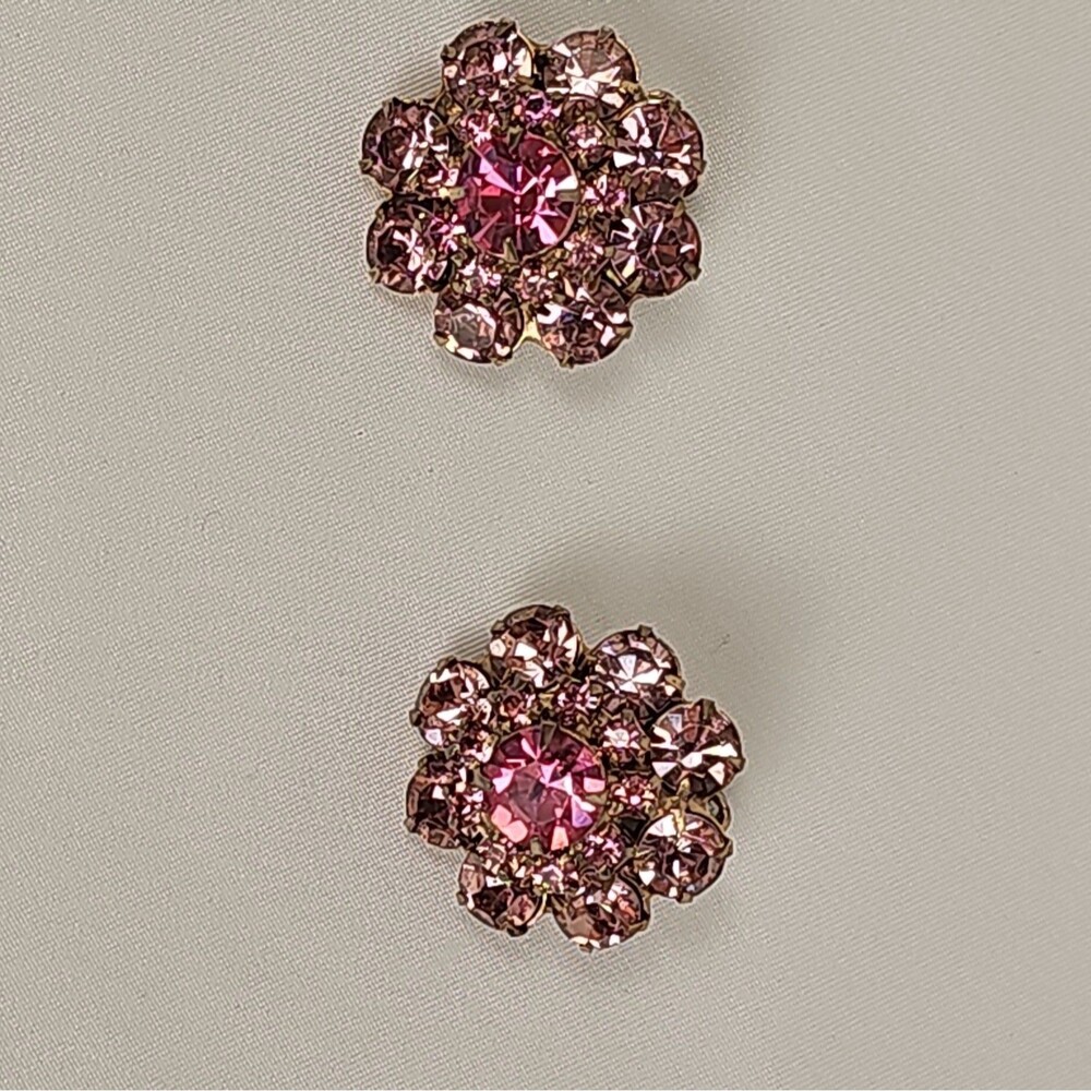 Vintage Pink Rhinestone Flower Clip-On Earrings Mid Century 1950s 60s